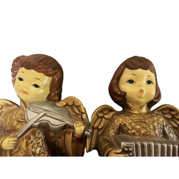 Vintage 50s 60s Choir Gold Angels Figurines Ceramic Christmas Decor - Set Of 2 - Picture 4 of 5